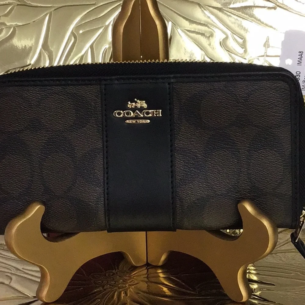 COACH BLACK/BROWN COACH ACCORDION ZIP WALLET IN SIGNATURE CANVAS - Picture 1 of 11